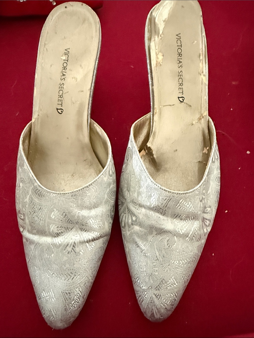 Victoria's Secret Vintage Silver Pointed-Toe Embroidered Mules